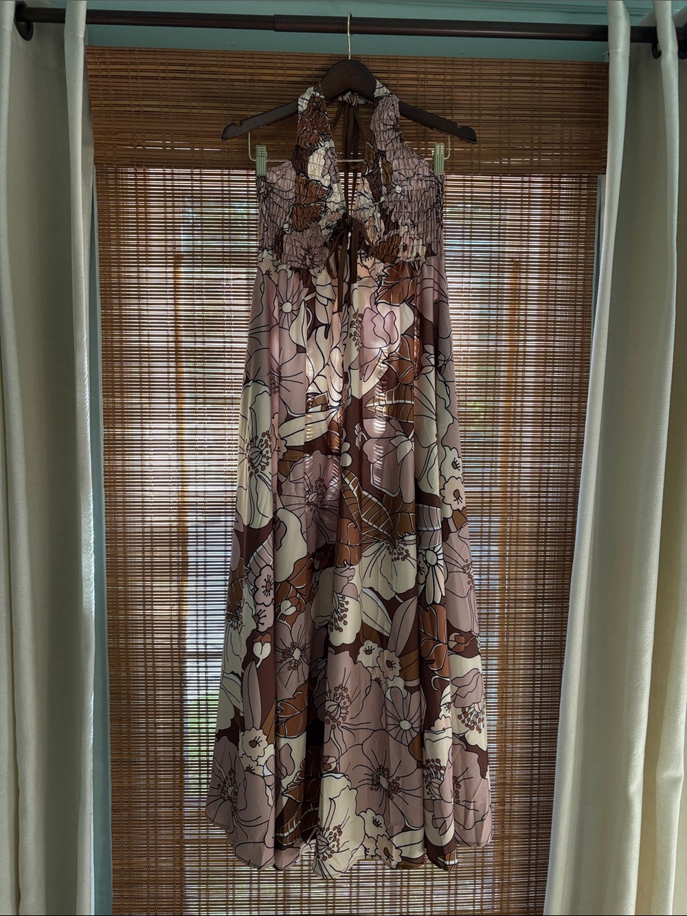 Floral Halter Maxi Dress in Mauve and Brown with POCKETS!